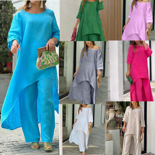 Nieregularny zestaw z długimi rękawami + modne spodnie z szerokimi nogawkami-3923728