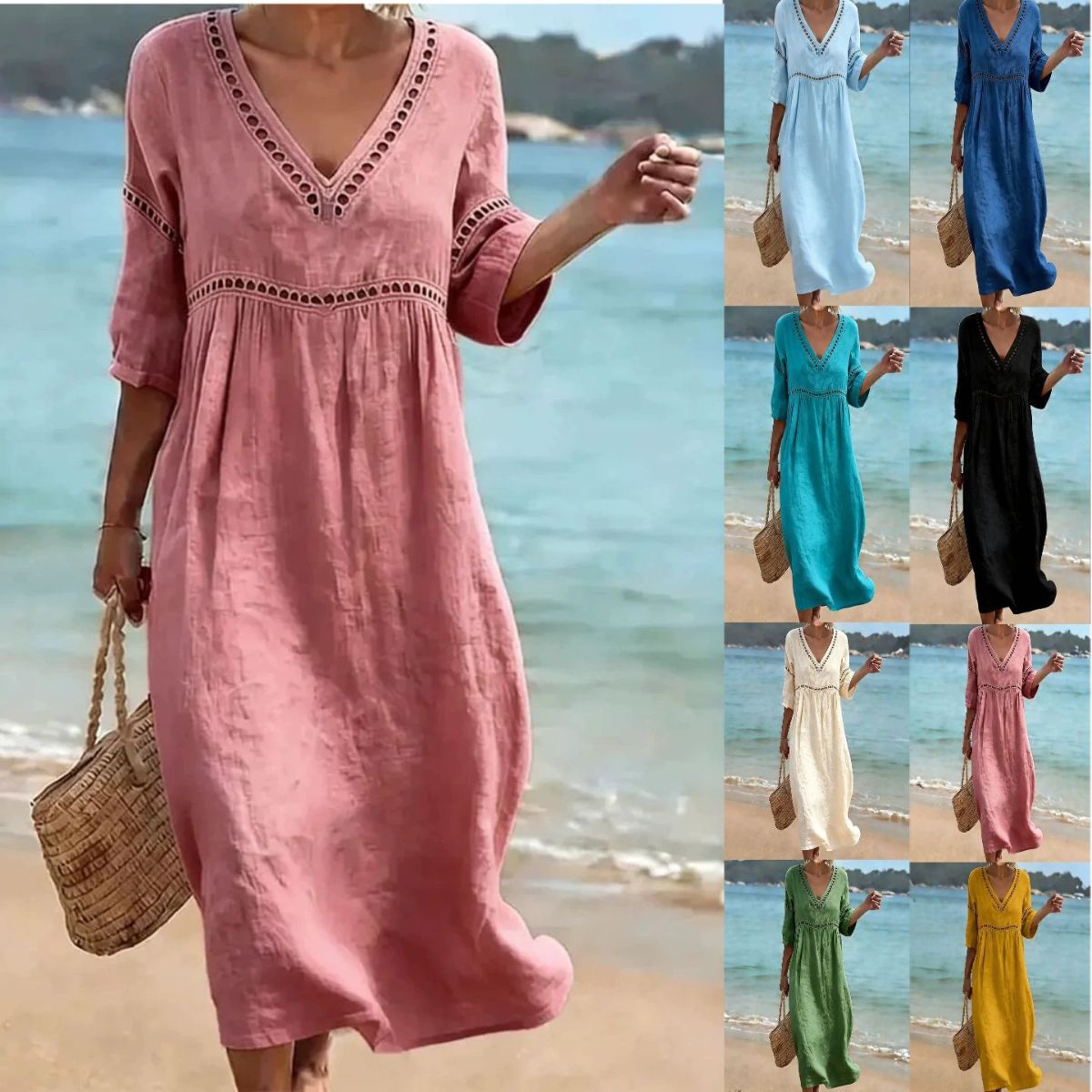 👗【S-3XL】Letní módní bavlněno-lněné šaty s výstřihem do V, prodyšné, pohodlné a zeštíhlující