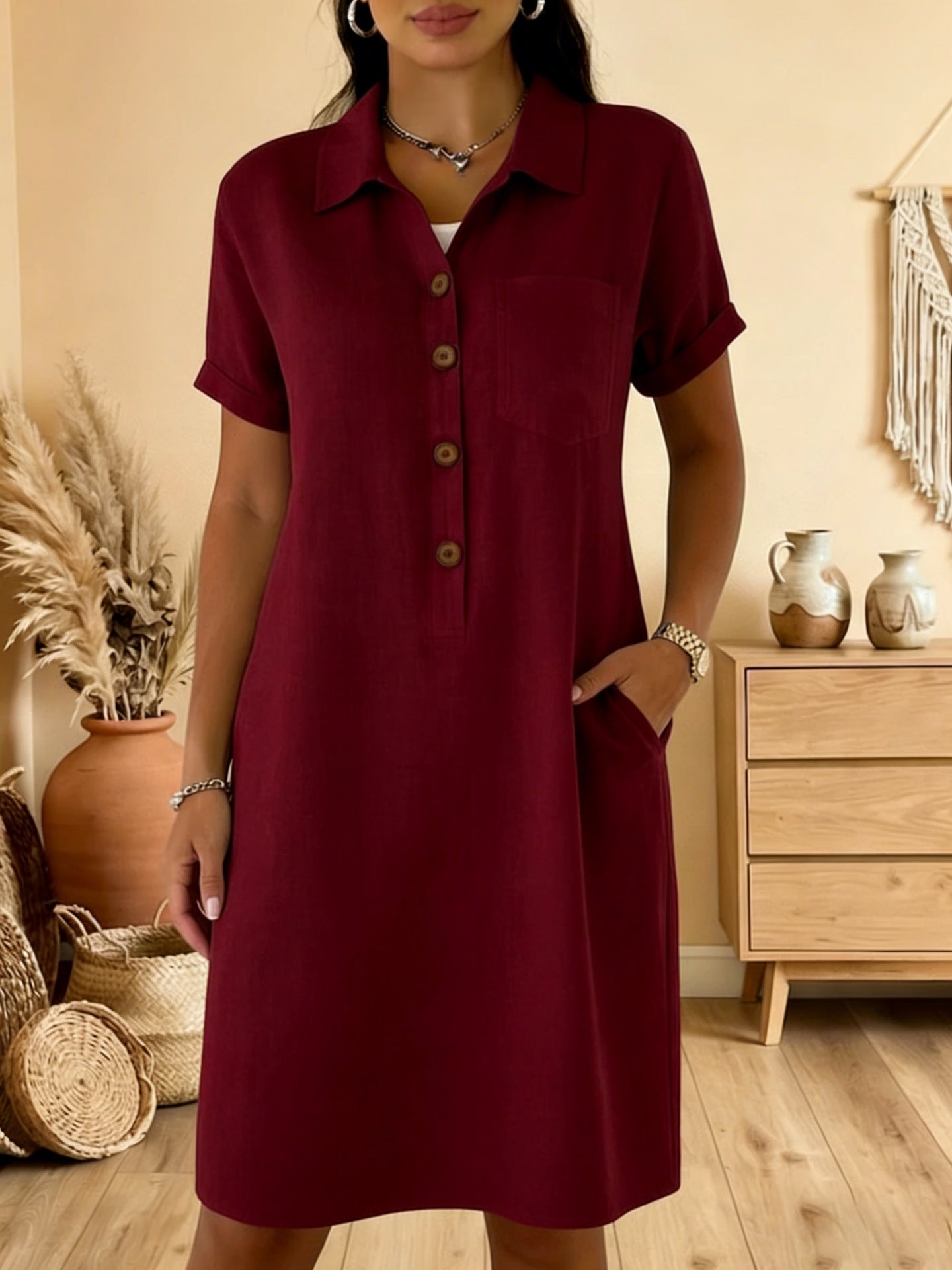 ⏳ Časovo obmedzená ponuka! ⏰🍋【S-3XL】Nové elegantné a jednoduché dámske šaty na gombíky - zakrýva paže, lichotí postave, je zoštíhľujúci a pohodlný.