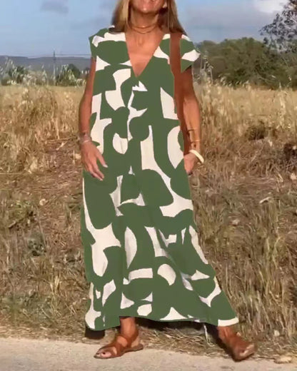 👗💖【S-3XL】Rochie lungă nouă pentru femei, la modă, cu imprimeu geometric, asortat în culori, moale, confortabilă și respirabilă.