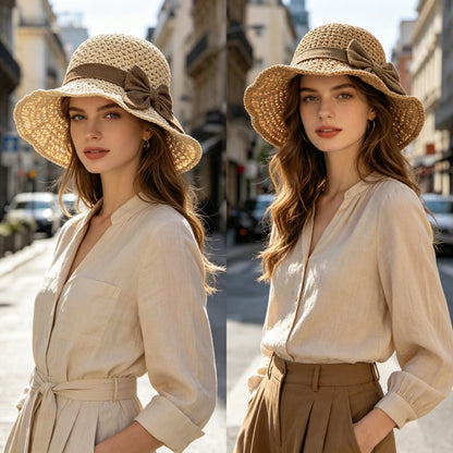 🎀🎀 50% ZĽAVA 👒 | Retro slamený klobúk s mašľou – skladací a priedušný na leto