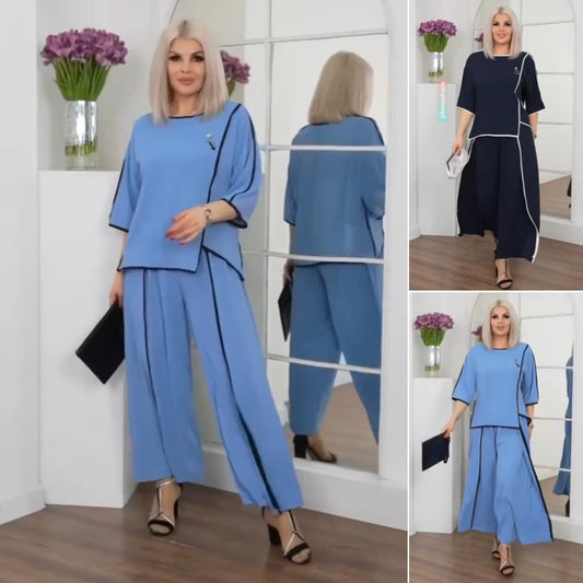 【S-5XL】【Bluză + Pantaloni】Costum la modă în culori solide 