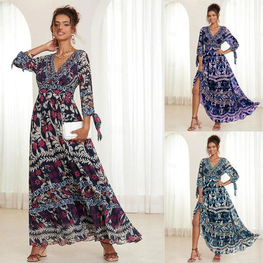 💟【S-5XL】👗Fustă lungă de damă cu decolteu în V și volane florale 