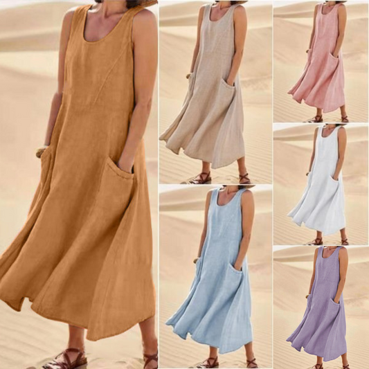 🌈👗【S-5XL】Nova elegantna jednobojna haljina bez rukava s okruglim izrezom od pamuka i lana za ljeto 2026.