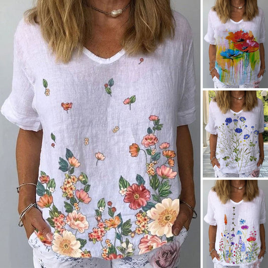 【S-5XL】🌈Majica kratkih rukava s cvjetnim uzorkom od pamuka i lana💐
