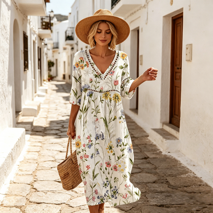 👗【S–3XL】Dlhé letné šaty z bavlny a ľanu s kvetinovým vzorom, V-výstrihom a tvarovaným pásom. Vzdušný voľný strih pohodlne zakryje bruško a zvýrazní ženskú siluetu.