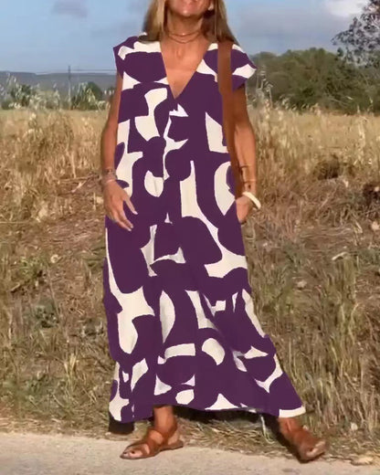 👗💖【S-3XL】Rochie lungă nouă pentru femei, la modă, cu imprimeu geometric, asortat în culori, moale, confortabilă și respirabilă.