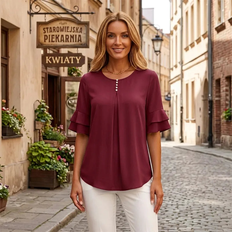 👕【S-3XL】Elegantná šifónová blúzka s volánikmi a rukávmi pre ženy | Ležérna kancelárska košeľa s ozdobnými gombíkmi, voľný a vzdušný strih