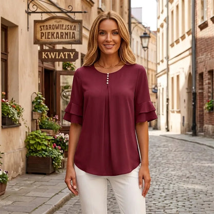 👕【S-3XL】Elegantná šifónová blúzka s volánikmi a rukávmi pre ženy | Ležérna kancelárska košeľa s ozdobnými gombíkmi, voľný a vzdušný strih