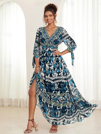 【Izravni tvornički popust 45%】【S-5XL】👗Ženska duga suknja s V-izrezom i cvjetnim volanima-3926107