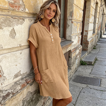 🎁 50% de descuento 🔥【40-90 kg】Vestido de viaje de manga corta para mujer de algodón y lino - ligero y transpirable ✅️Pago contra entrega