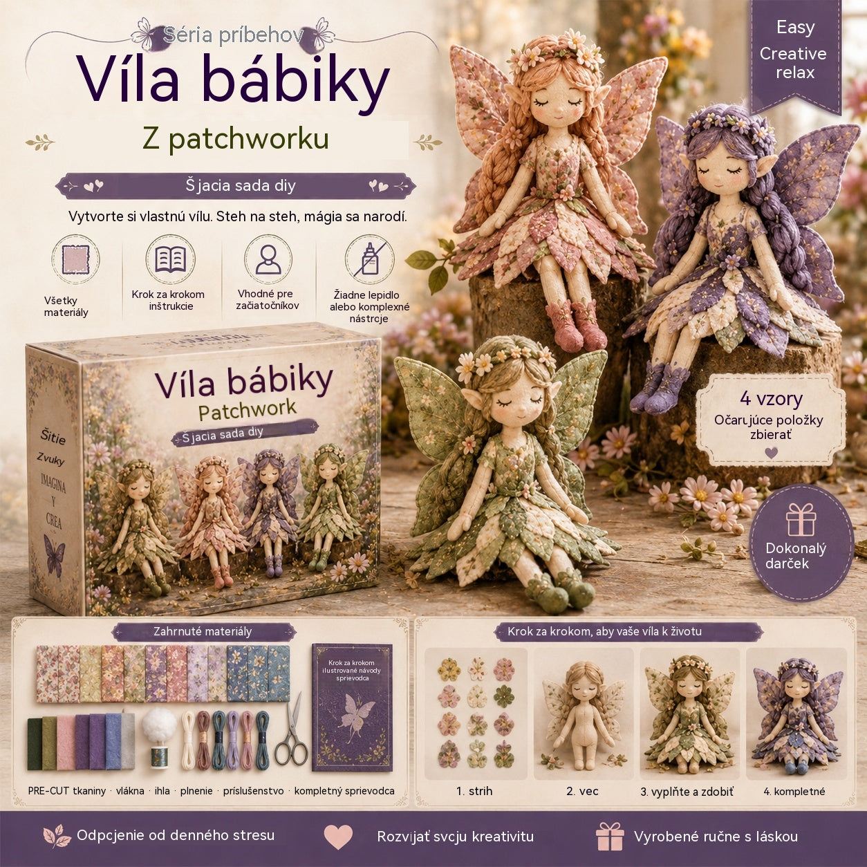 🌸50% zľava - Šijacia séria Fairy Tale - Sada patchworkových víl pre domácich majstrov✨👼