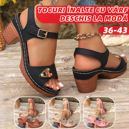 🥰🔥【36~43】Sandale de damă cu toc bloc, tocuri la modă cu vârf deschis, tocuri la modă cu design gol