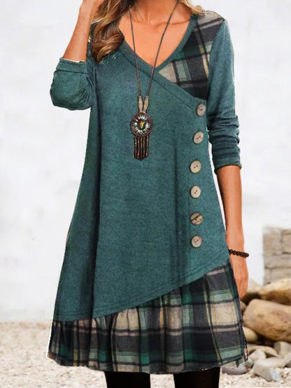 👗【S-3XL】Rochie cu mânecă lungă în carouri de primăvară și vară 2024