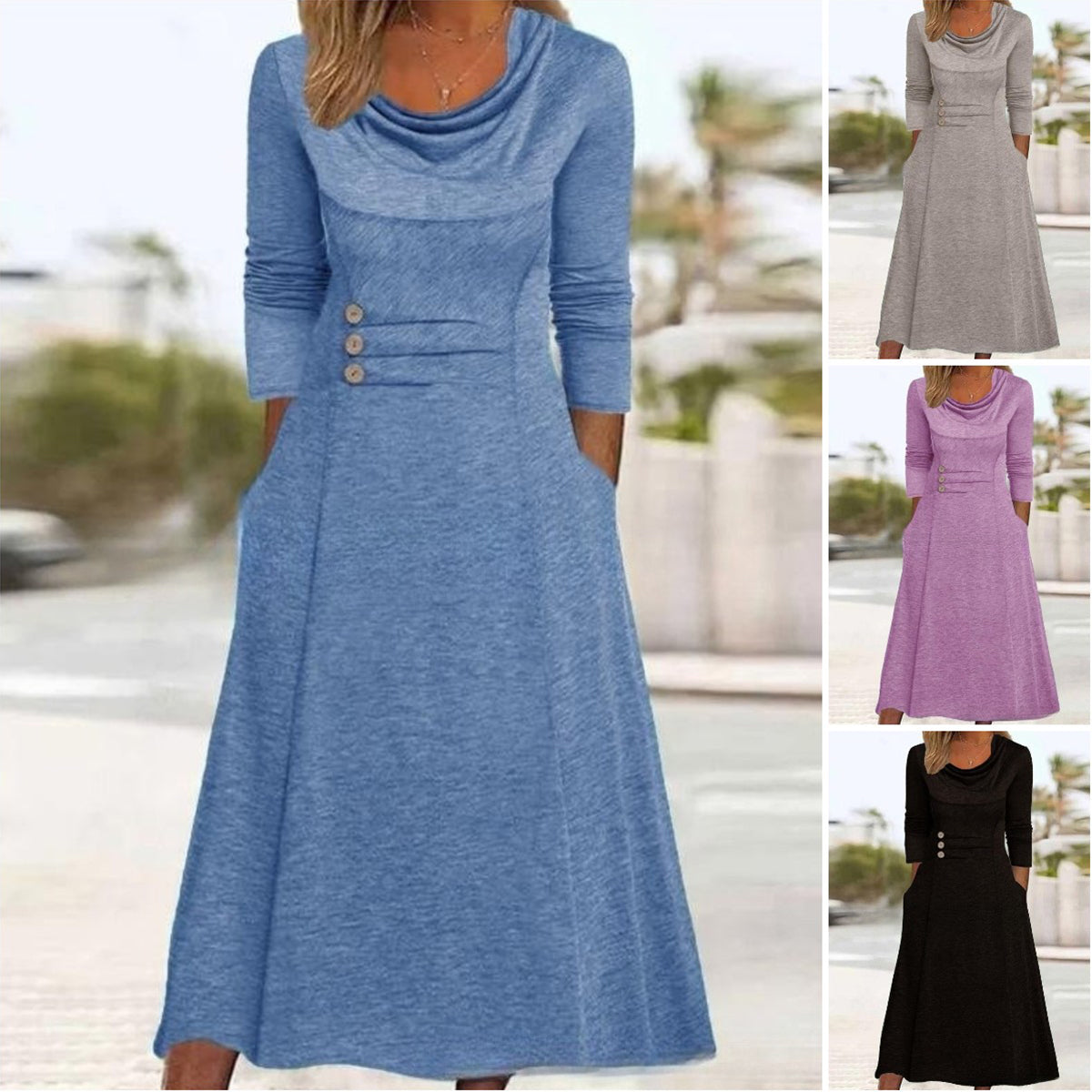 👗【S-3XL】2025 nowa jesienna sukienka z kieszeniami w jednolitym kolorze