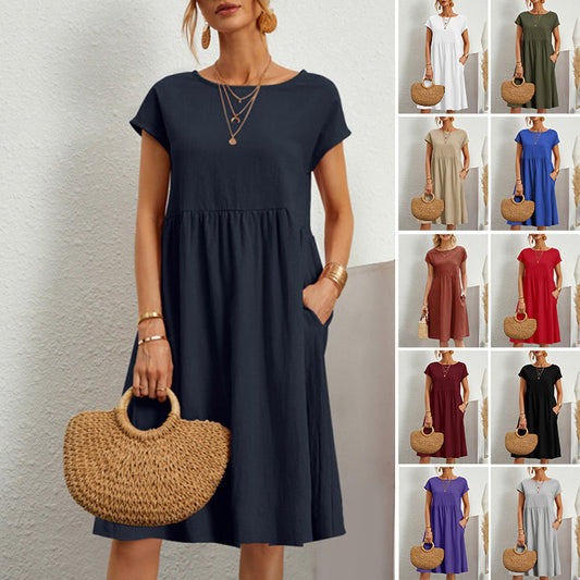 💕🔥👗【S-5XL】2025 Ženska pamučna lanena haljina s okruglim izrezom širokog kroja
