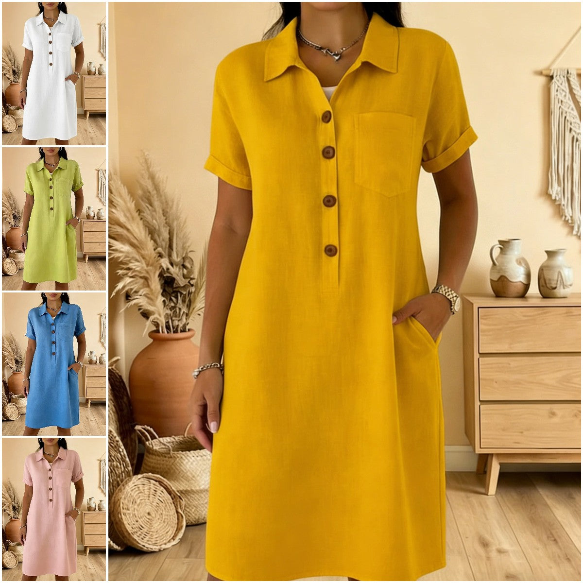 ⏳ Časovo obmedzená ponuka! ⏰🍋【S-3XL】Nové elegantné a jednoduché dámske šaty na gombíky - zakrýva paže, lichotí postave, je zoštíhľujúci a pohodlný.