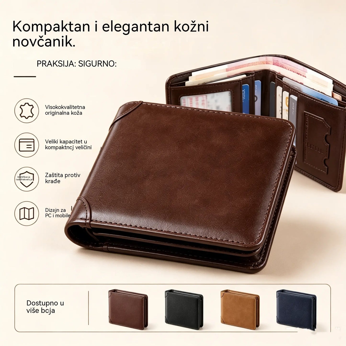 Nueva cartera de cuero genuino para hombre con sistema antirrobo
