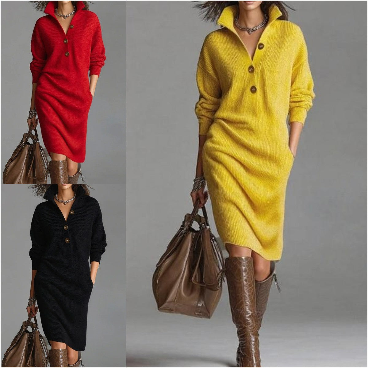 【S-3XL】✨🎉Nuevo vestido de punto con solapas de estilo europeo y americano - Alta calidad