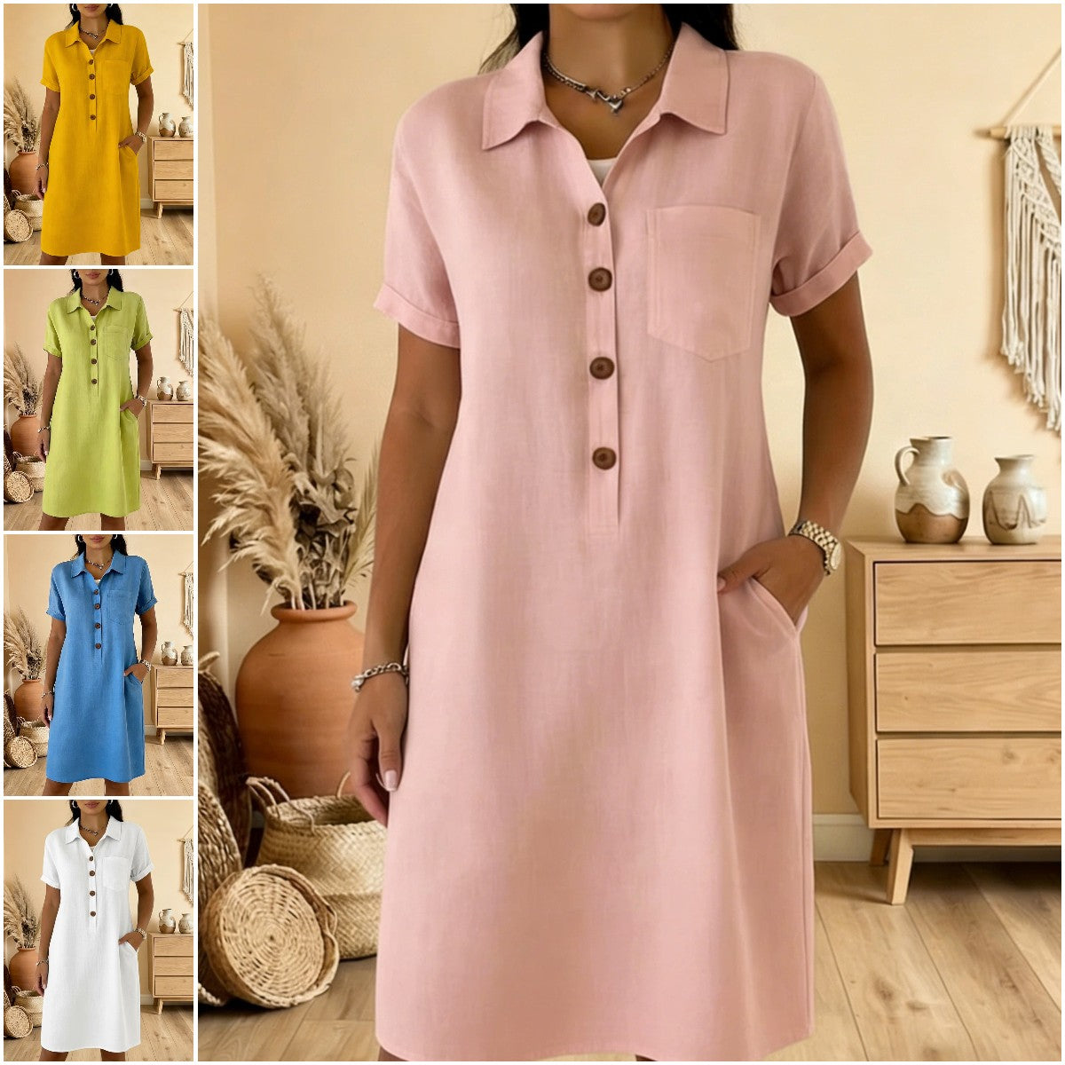 ⏳ Časovo obmedzená ponuka! ⏰🍋【S-3XL】Nové elegantné a jednoduché dámske šaty na gombíky - zakrýva paže, lichotí postave, je zoštíhľujúci a pohodlný.