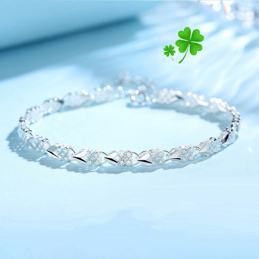 😀👉【Kup jeden, drugi gratis】💖🍀Damska bransoletka ze srebra próby 925 z motywem czterolistnej koniczyny, Love New Fashion-3884566