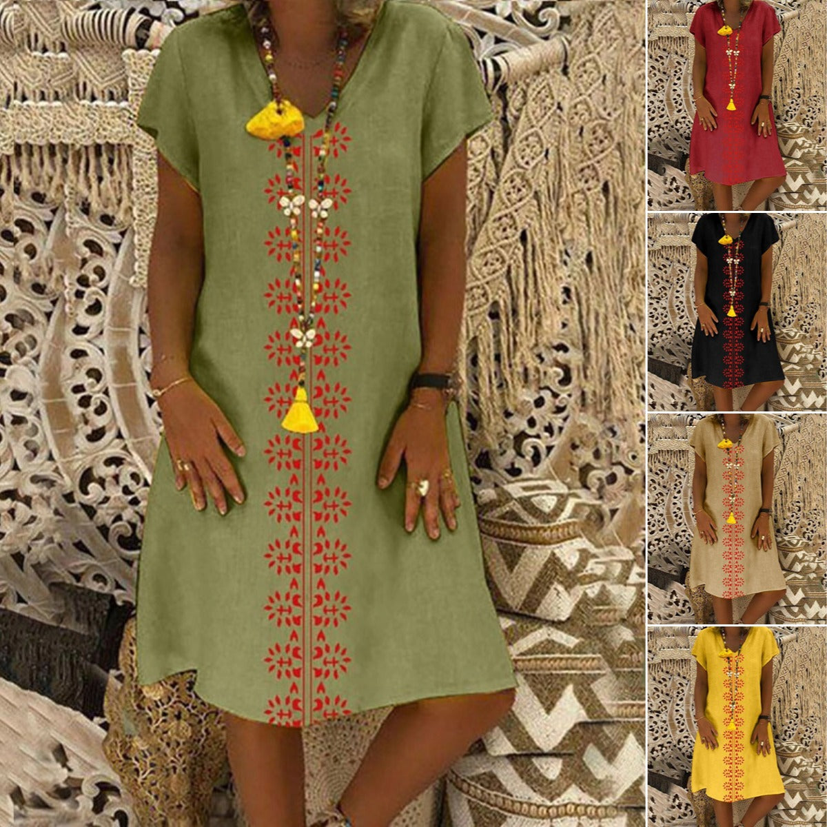 【🏆Livrare gratuită】👗【S-5XL】Rochie din bumbac cu decolteu în V și imprimeu 