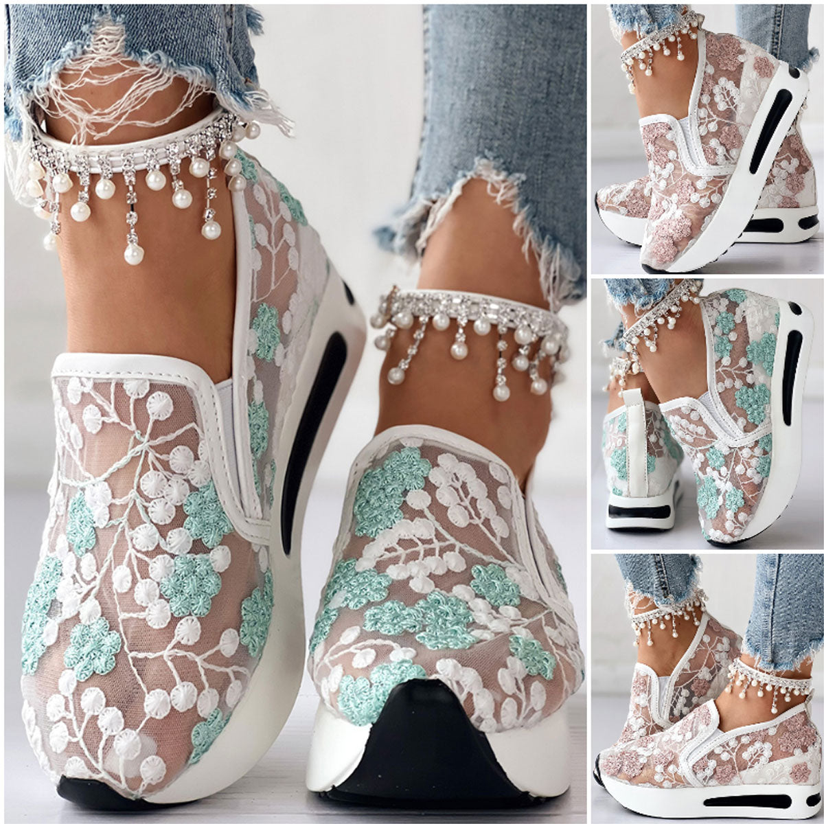 【35~41】Tenisi transparenți din plasă cu broderie florală 