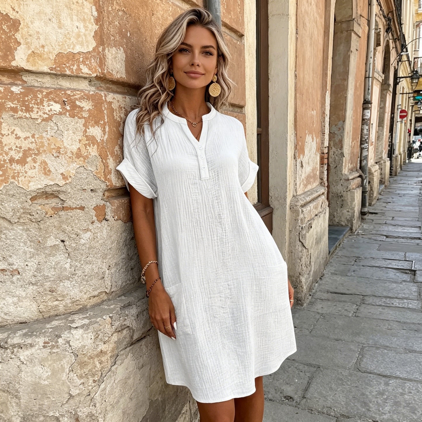 🎁 50% de descuento 🔥【40-90 kg】Vestido de viaje de manga corta para mujer de algodón y lino - ligero y transpirable ✅️Pago contra entrega