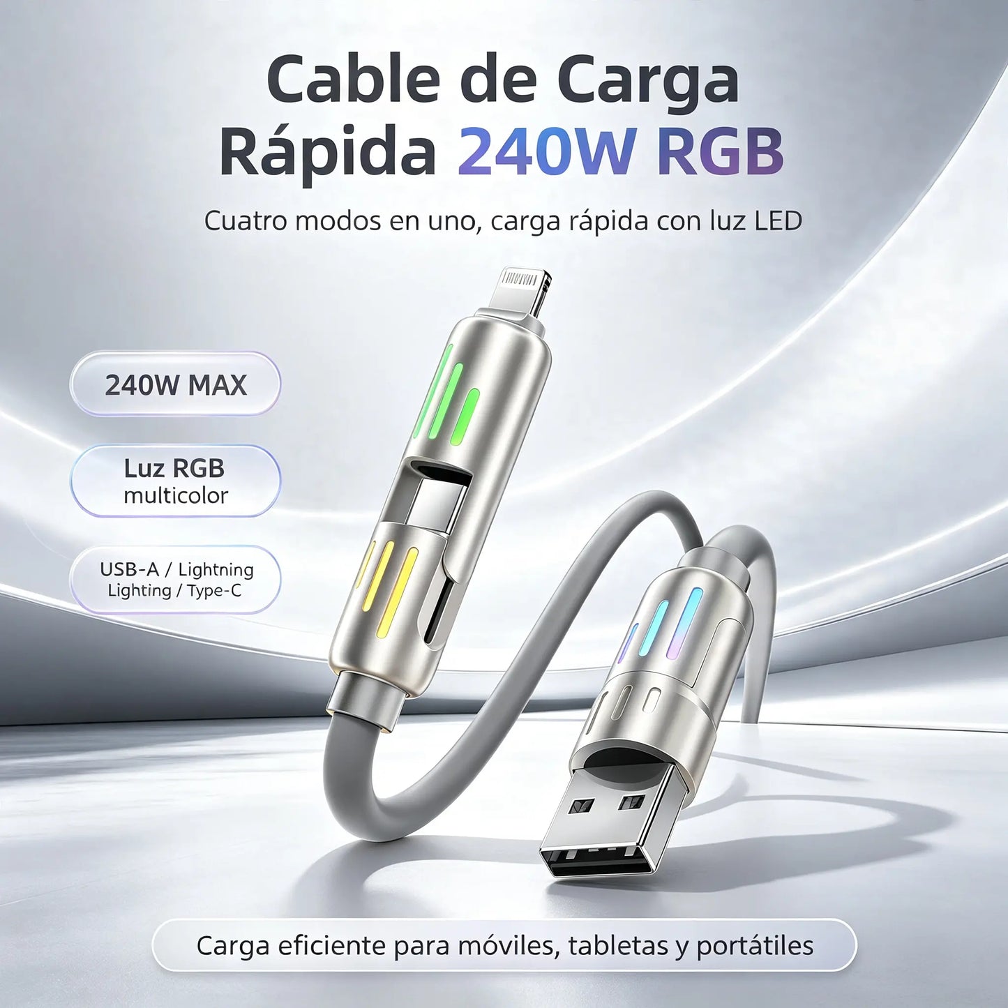 🔥 (duljina 2 metra) 4-u-1 kabel PD 240 W – brzo punjenje USB‑C, Lightning i USB‑A, aluminij i silikon, sinkronizacija podataka ⚡📱