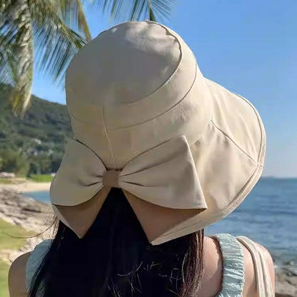 👒✨ Dámsky slnečný klobúk s mašľou a širokou krempou – skladacia, 360° ochrana 🎀