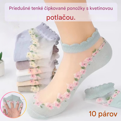🔥【Časovo obmedzená propagácia】🧦10 párov priedušných tenkých čipkovaných ponožiek s kvetinovou potlačou.