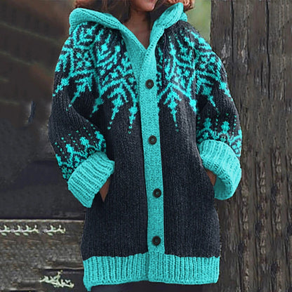 ⛄❄️【S~5XL】Elegantní retro bunda s kapucí pro ženy – Stylové barevné bloky a sněhové vločky pro zimní eleganci