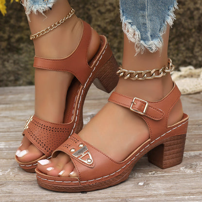 🥰🔥【36~43】Sandale de damă cu toc bloc, tocuri la modă cu vârf deschis, tocuri la modă cu design gol