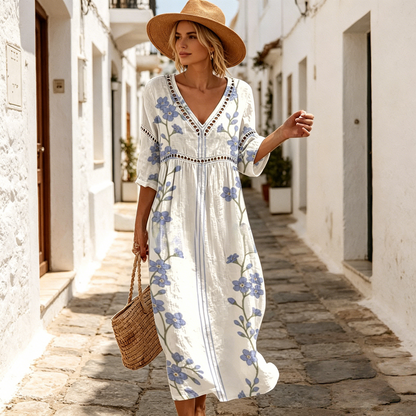 👗【S–3XL】Dlhé letné šaty z bavlny a ľanu s kvetinovým vzorom, V-výstrihom a tvarovaným pásom. Vzdušný voľný strih pohodlne zakryje bruško a zvýrazní ženskú siluetu.