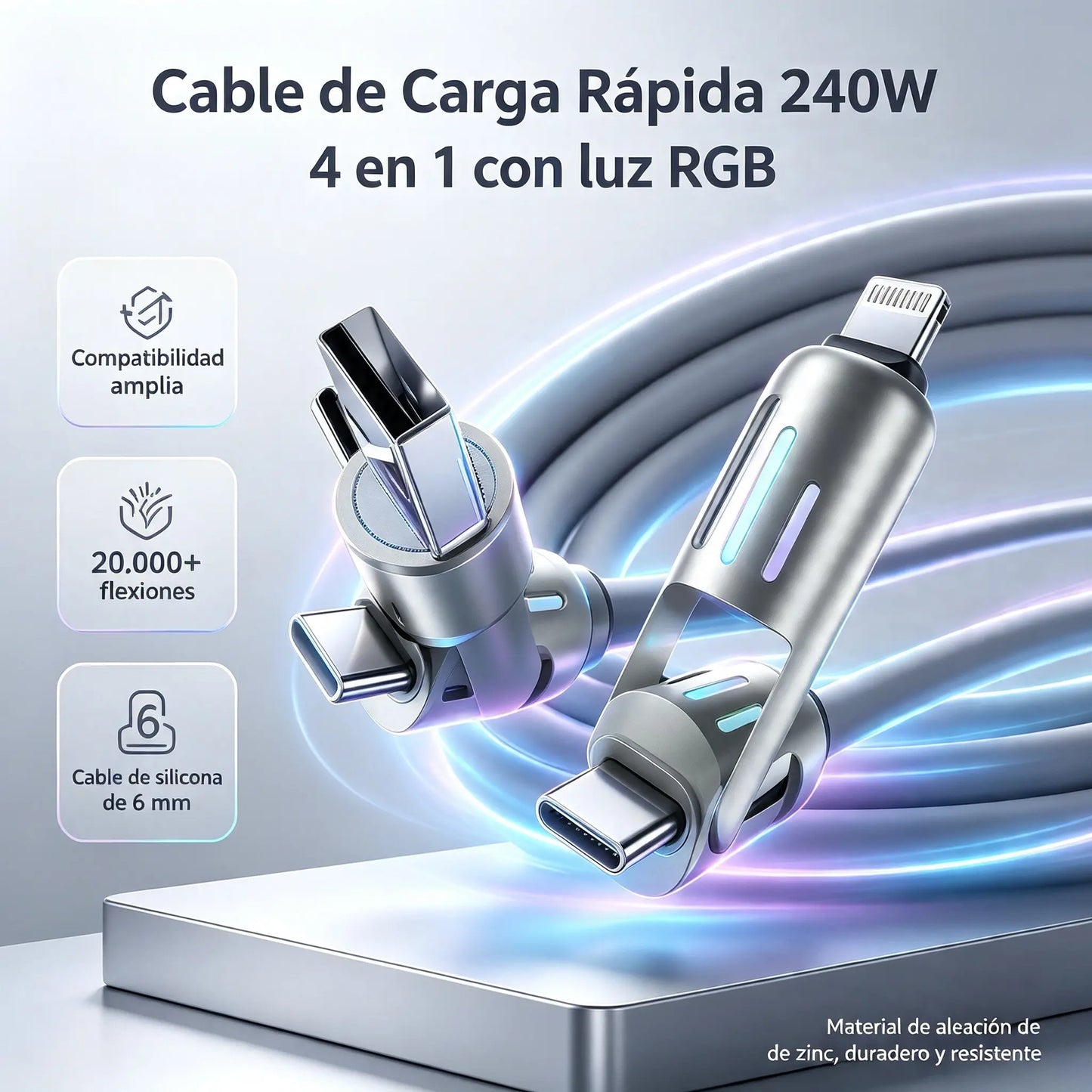 🔥 (duljina 2 metra) 4-u-1 kabel PD 240 W – brzo punjenje USB‑C, Lightning i USB‑A, aluminij i silikon, sinkronizacija podataka ⚡📱