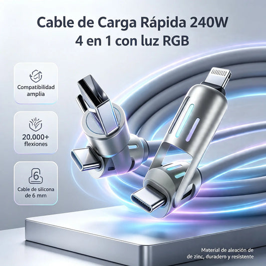 🔥 (duljina 2 metra) 4-u-1 kabel PD 240 W – brzo punjenje USB‑C, Lightning i USB‑A, aluminij i silikon, sinkronizacija podataka ⚡📱