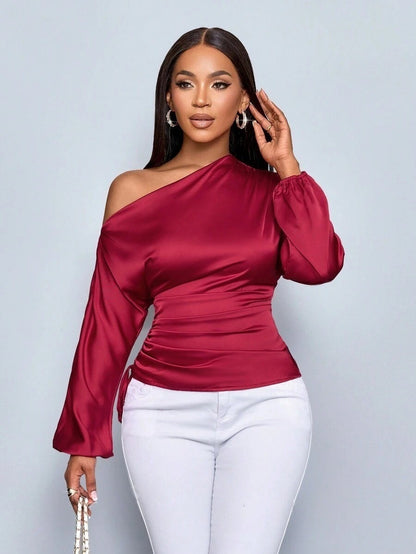 2025 nowe style europejskie i amerykańskie damskie satynowe koszule wiosenne i letnie z długim rękawem ukośny kołnierzyk asymetryczne topy koszulowe-3911267