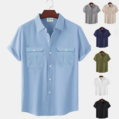 👔【M-5XL】Noua cămașă bărbătească, confortabilă, cu mânecă scurtă, din bumbac și in, culoare uni, model 2025 