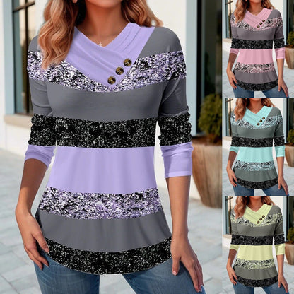 ✨30% OFF✨【S-5XL】Damska nowa bluzka jesienno-zimowa z dekoltem V i kontrastowymi kolorami-3919015