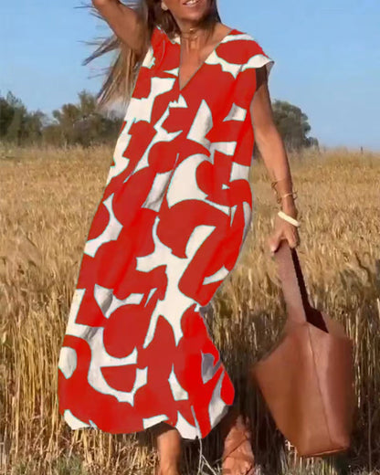 👗💖【S-3XL】Rochie lungă nouă pentru femei, la modă, cu imprimeu geometric, asortat în culori, moale, confortabilă și respirabilă.
