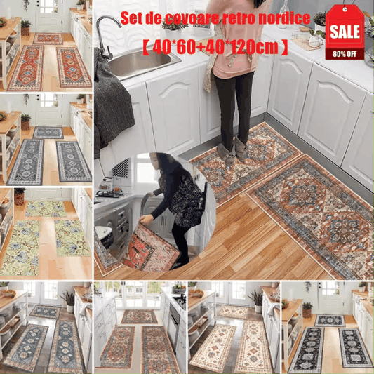【40*60+40*120cm】🧺 Set covorașe nordice vintage 🦶 antiderapante, 🧼 ușor de curățat, 🌀 lavabile la mașină
