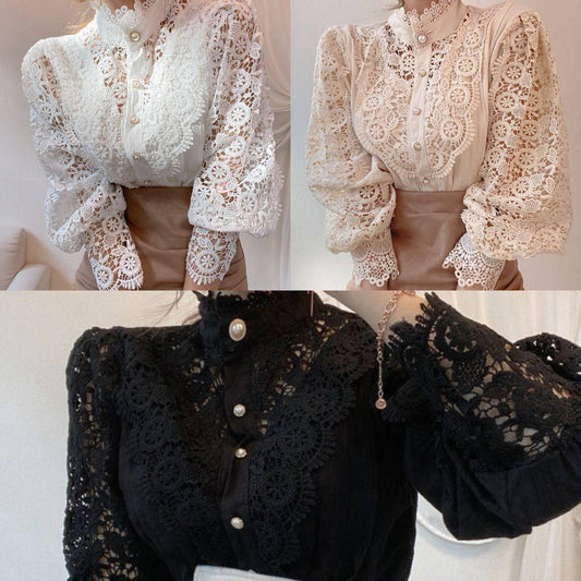 Damska, wiosenno-jesienna, elegancka koronkowa koszula z długim rękawem-3905411