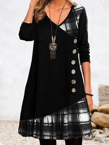 👗【S-3XL】Rochie cu mânecă lungă în carouri de primăvară și vară 2024