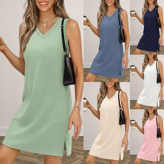 👗💟【S-2XL】Nova ležerna jednobojna haljina bez rukava s V-izrezom i prorezom na rubu za ljeto 2025., udobna i prozračna