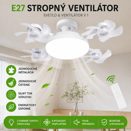 💨🥇【50% zľava na objednávky uskutočnené dnes】Štvorlopový ventilátor, žiarovka E27 a diaľkové ovládanie