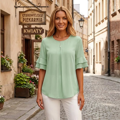 👕【S-3XL】Elegantná šifónová blúzka s volánikmi a rukávmi pre ženy | Ležérna kancelárska košeľa s ozdobnými gombíkmi, voľný a vzdušný strih