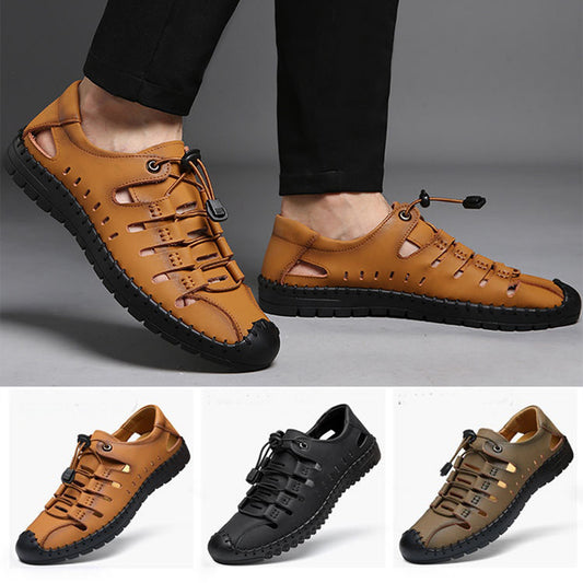🌟 【39-44】Sandale de plajă bărbătești din piele naturală, cu vârful închis și gol, de vară👞✨