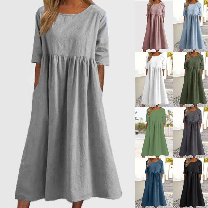 【S-5XL】Rochie casual din bumbac 2023 cu buzunare 