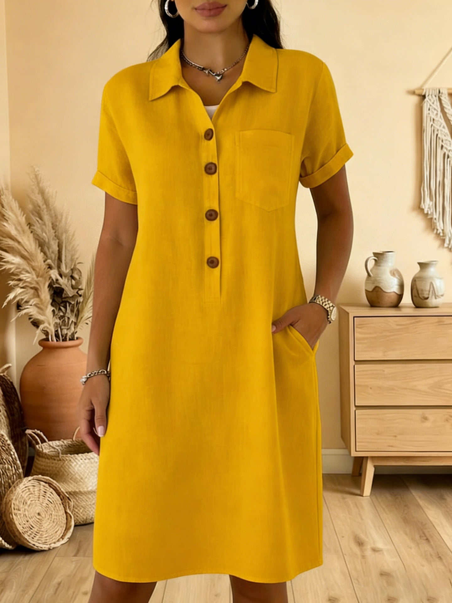 ⏳ Časovo obmedzená ponuka! ⏰🍋【S-3XL】Nové elegantné a jednoduché dámske šaty na gombíky - zakrýva paže, lichotí postave, je zoštíhľujúci a pohodlný.
