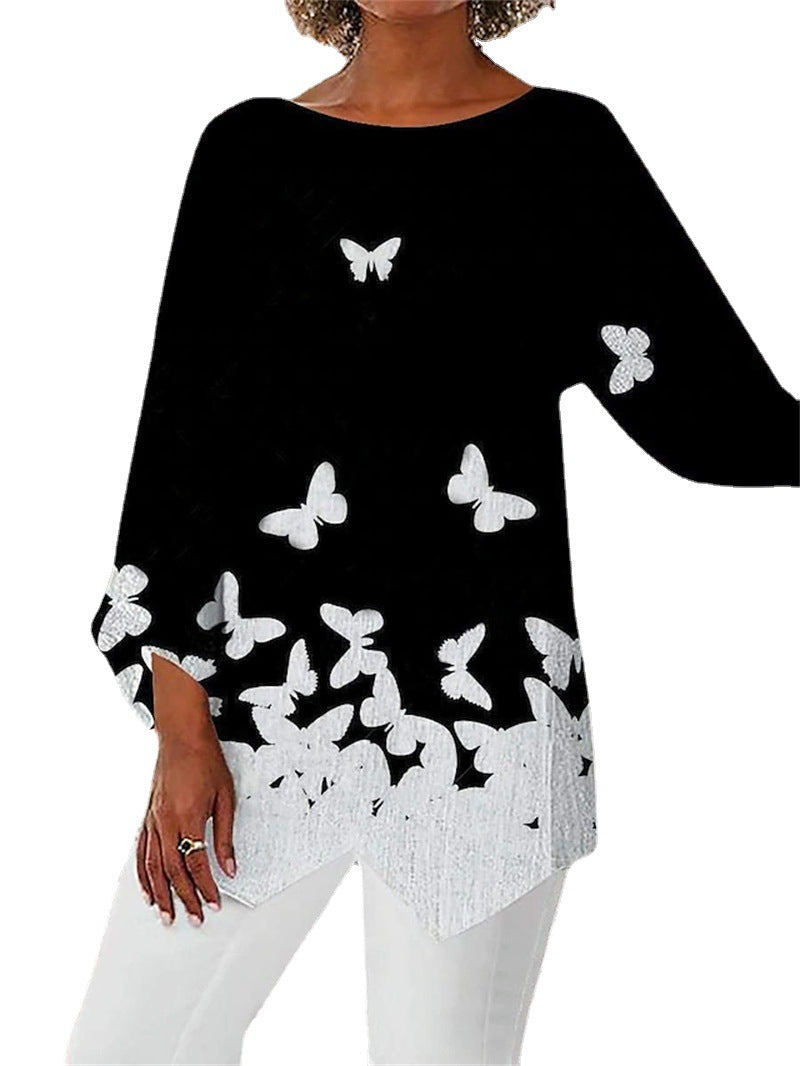 Spring Summer Geometric Print Long Sleeve Patchwork Crew Neck Shirt-3913293